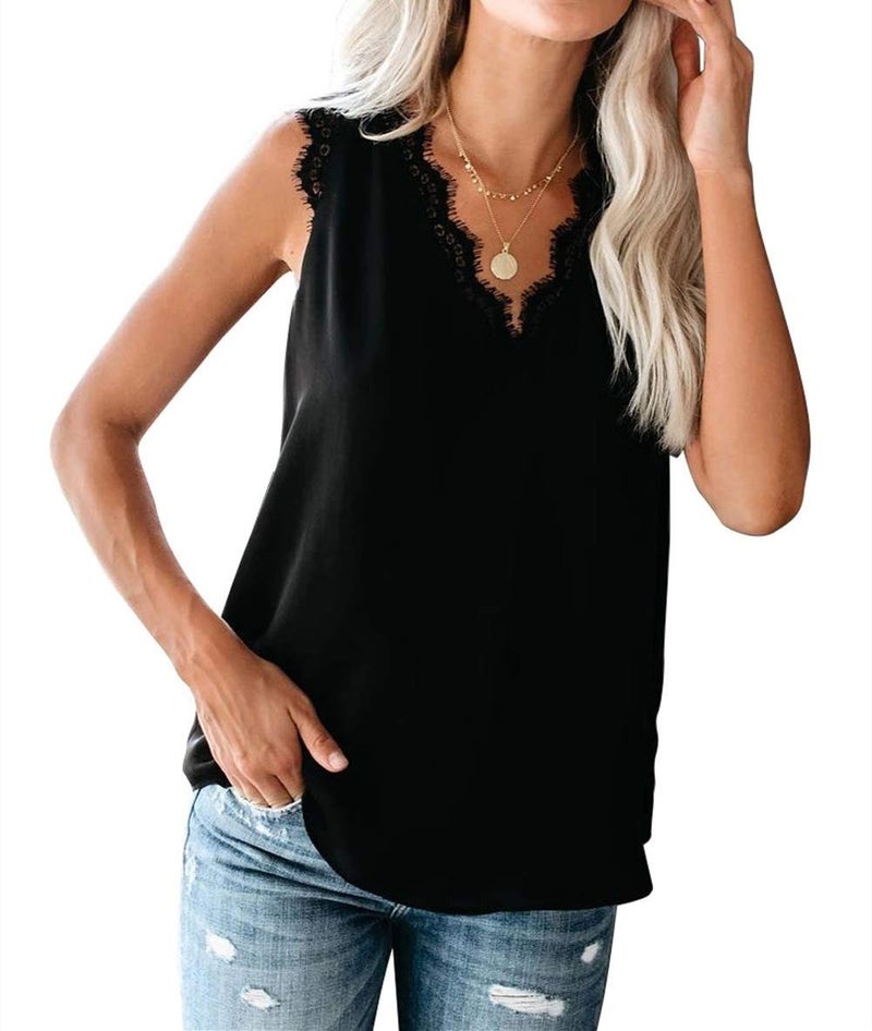 lime flare Women Sexy Summer Lace Trim Satin Cami Tank Tops Dressy Silk Lacy Camisole Shirt (S, Soild Black Eyelash Lace) - Image 1